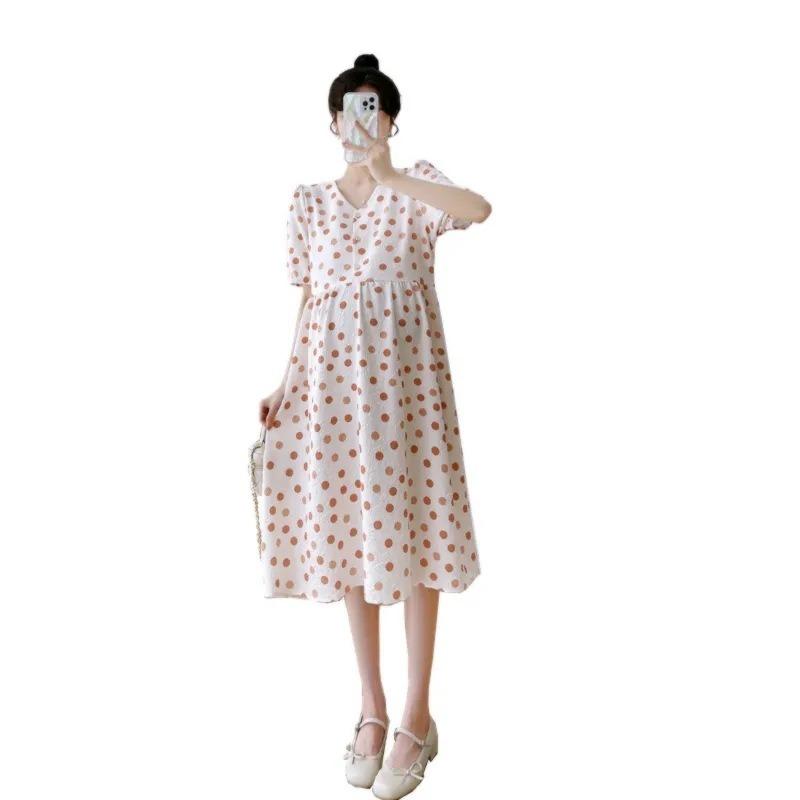 Maternity Dress Buckle Nursing Dress Summer Dress Fashion New Polka Dot Medium and Long Skirt