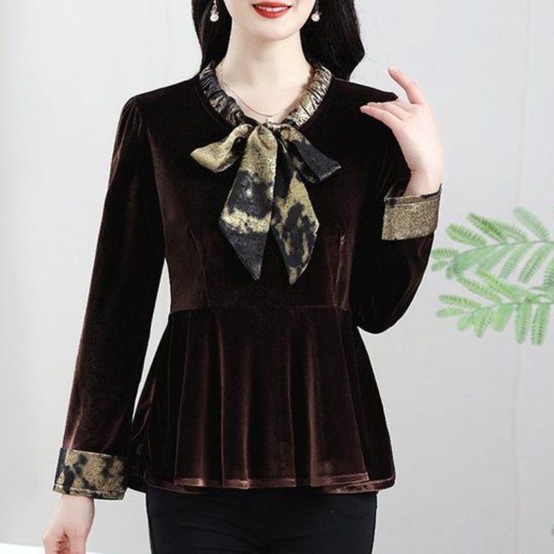 

Весна Новый Стиль Золотой Бархат Бант Топ Рубашка Стильная Сплайсинг Футболка с Длинным Рукавом Модная Базовая XL коричневый