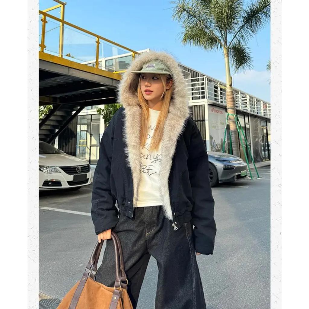 2KWEIRD American Retro Fur Collar Hooded Jacket Women Y2K Streetwear Winter New Velvet Thickened Warm Harajuku Loose Casual Jacket