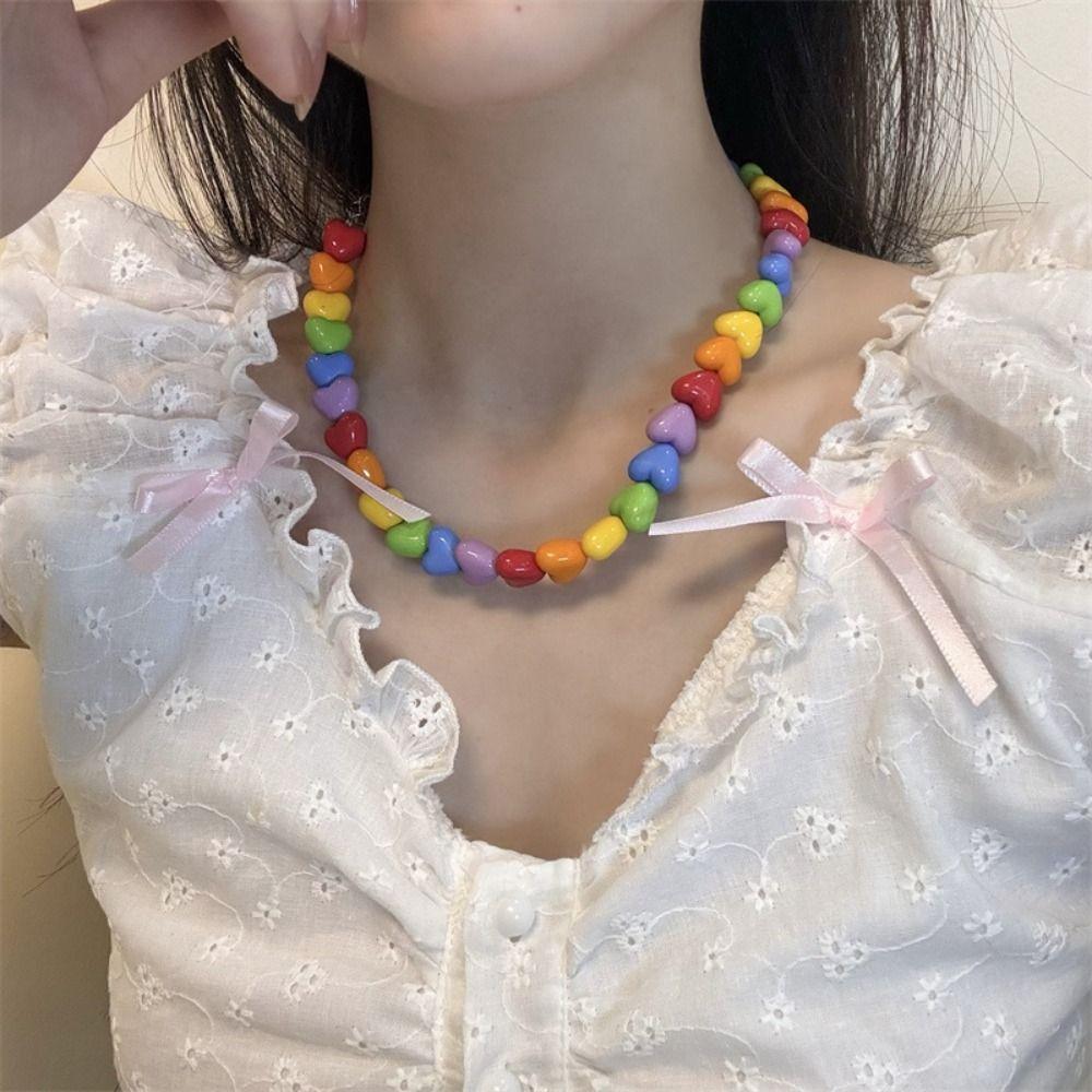 Acrylic Love Collarbone Chain Colorful Heart Beaded Necklace Rainbow Necklace  Party Supplies