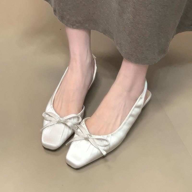 Satin wedged back strap women's shoes summer 2025 new square head bow wrinkled niche bag head sandals women