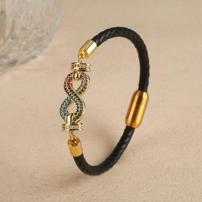 Hot Sale Black Leather Rope Braided Zirconia Geometric  Bracelet Classic Magnetic Clasp Party Wedding Jewelry for Women Girls
