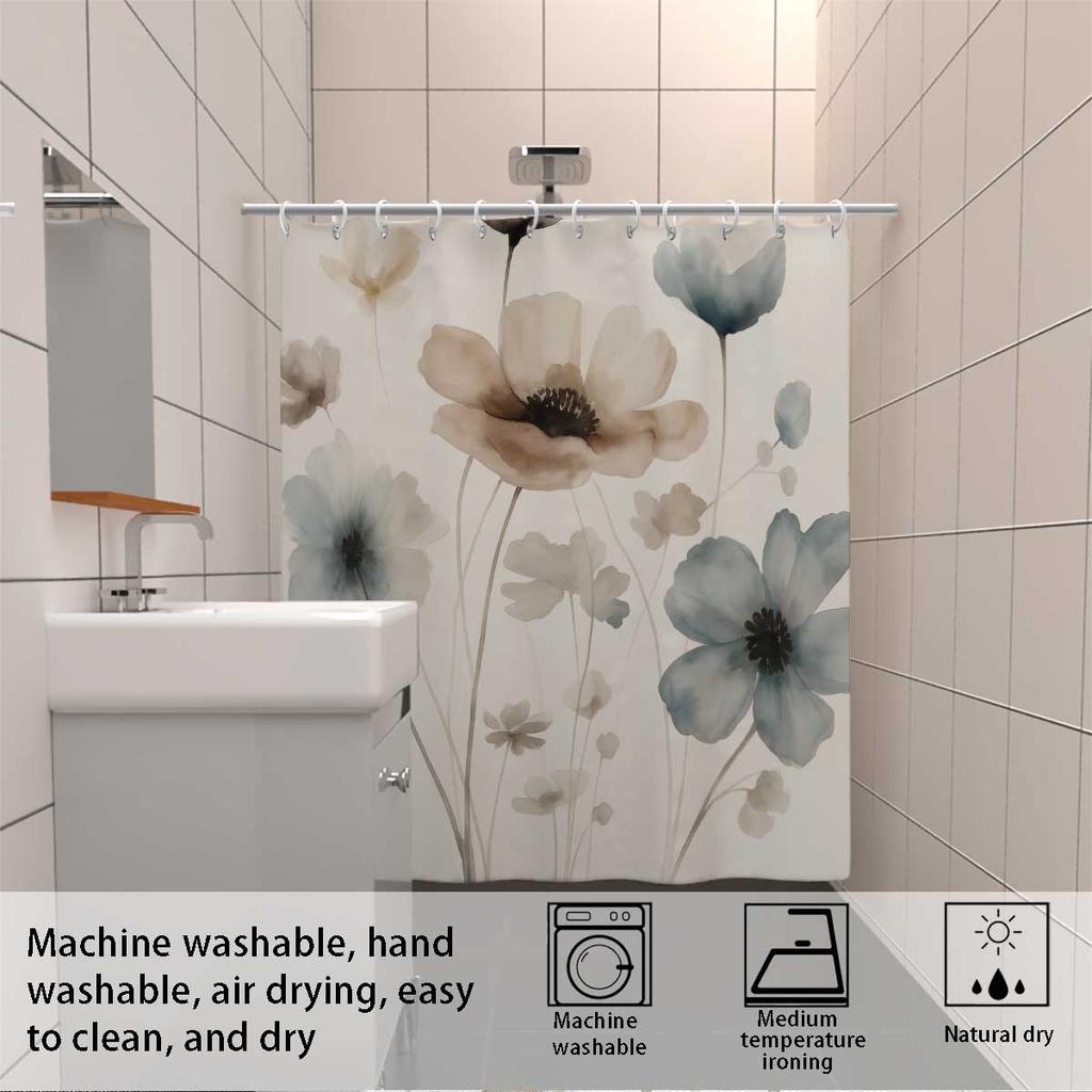 1Pc Elegant Floral Print Shower Curtain Set With Hooks,Watercolor Flower Design, Lightweight Polyester,All-Season Bathroom Decor