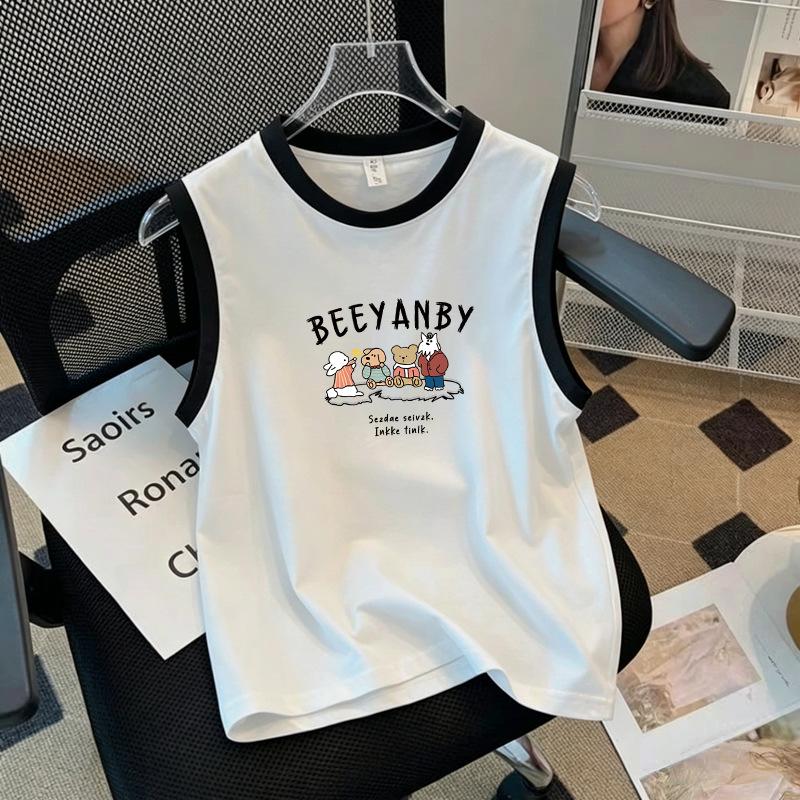 Girls' Korean Style Fashionable Color Block Cotton Vest T-shirt - Summer Sleeveless Top for Middle & Older Kids, Casual Round Neck Trendy Design