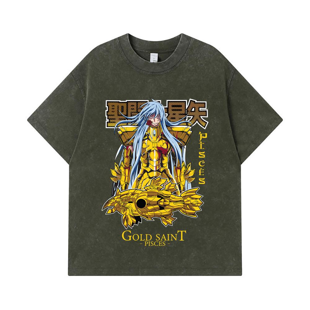 275 GSM Washed T-shirts 100% Cotton Saint Seiya V25 Pisces Print Unisex Heavy Cotton T Shirt