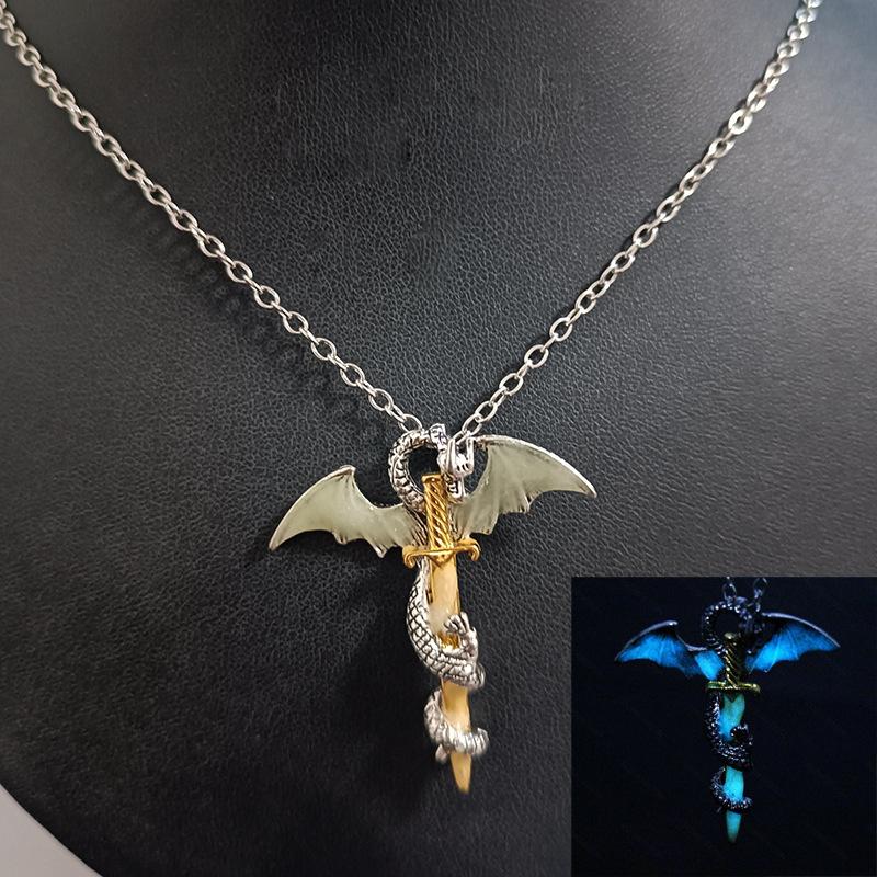 Stainless Steel Luminous Fly Dragon Sword Pendant Chain Necklace Mens Jewelry