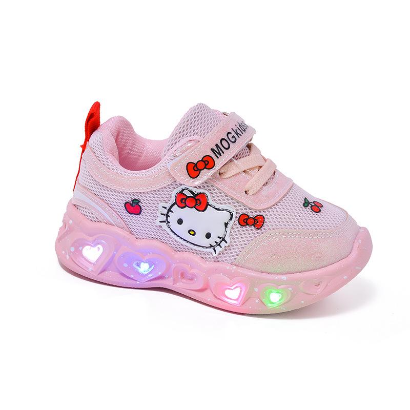 2025 Spring/Autumn Kids' Cartoon Cat LED Light-Up Breathable Mesh Sports Shoes - Trendy Glowing Sneakers for Children