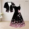 Women Plus Size Two Piece Dress Set V Neck Short Sleeve Silver Drips Printed Black Flared Dress