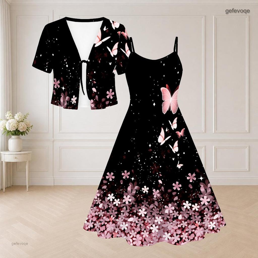 Women Plus Size Two Piece Dress Set V Neck Short Sleeve Silver Drips Printed Black Flared Dress
