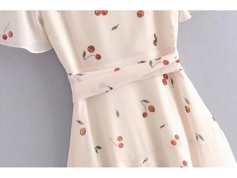 YPFF French Retro Cherry Print V-Neck Ruffled Wrap Dress