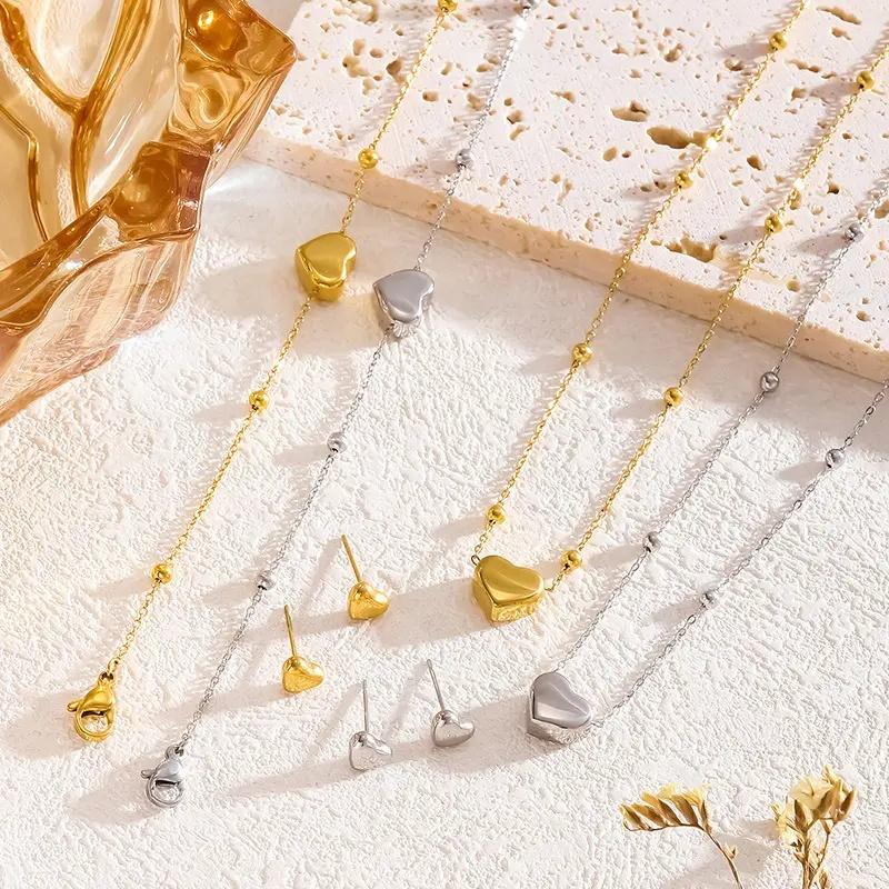 Stainless Steel Gold Color Heart Love Chain Necklace Bracelets Earrings For Women Girl   Non-Fading Jewelry Set