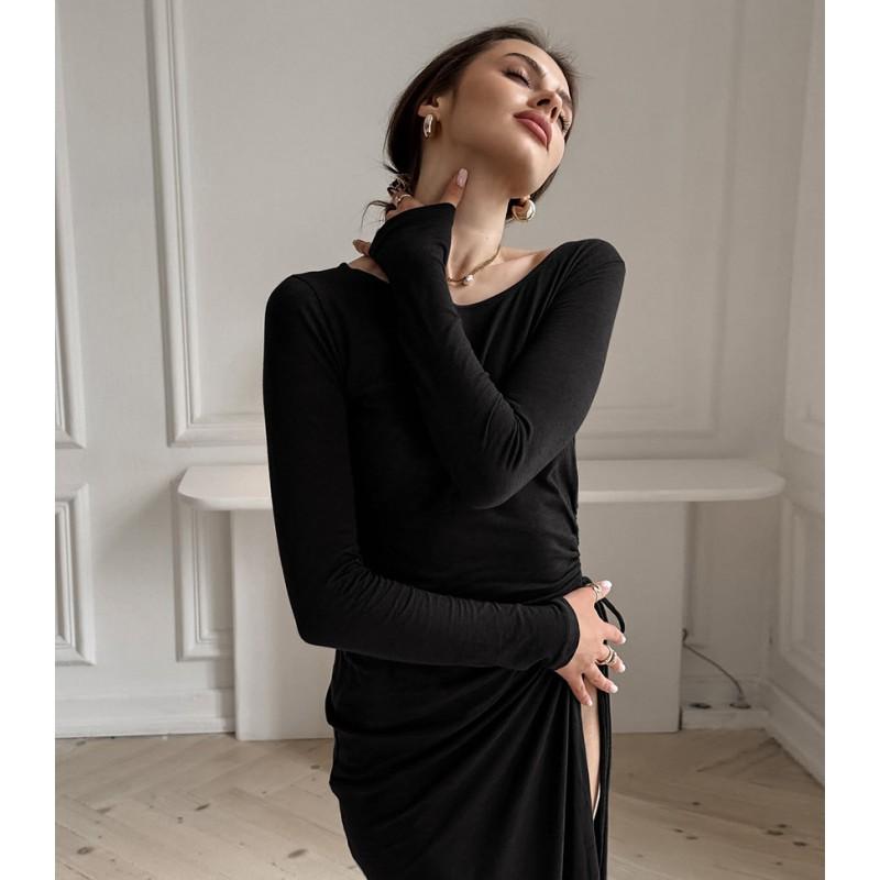 French Style White Crew Neck Dress Women Slim Waist Pleated Slit A-Line Long Sleeve
