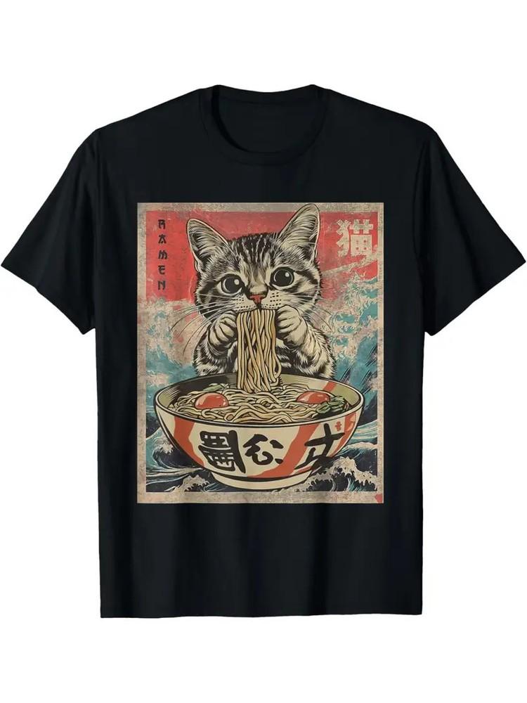 Katze isst Ramen Kawaii Anime Japanisches Essen T-Shirt Herren039;s Modetrend Reines Baumwoll-Unisex-T-Shirt