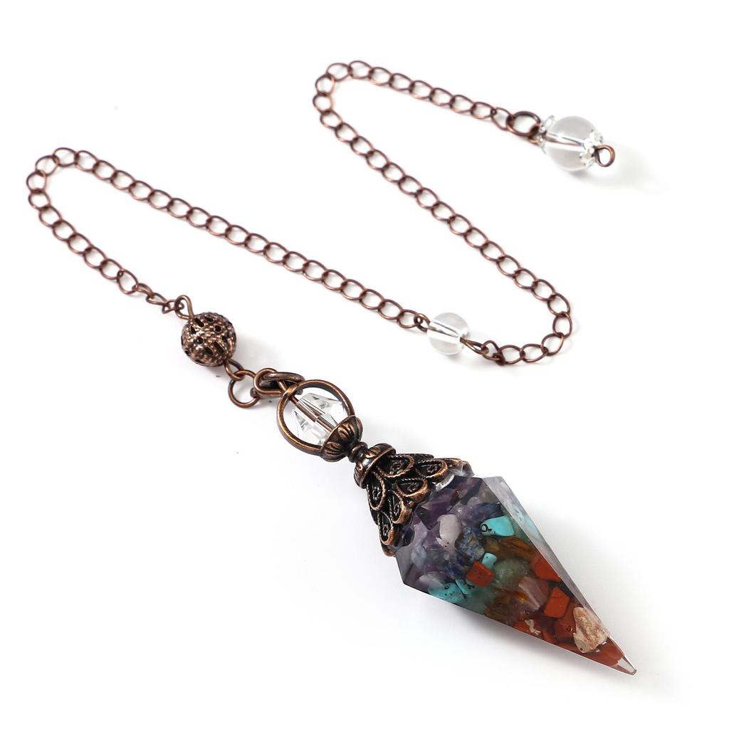 Antique Silver Seven Chakra Crystal Resin Pendulum with Semi-Precious Chips Pendant