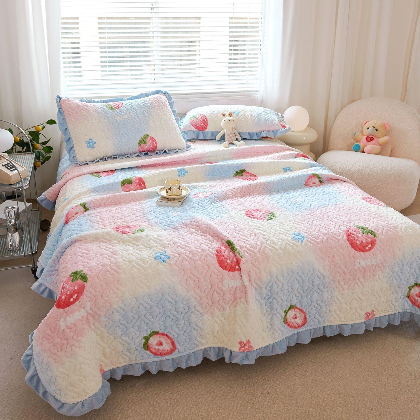 

Family Mattress Protector Adult Child Multi Size Printed Bed Sheets Winter Thick Milk Velvet Bedding Three Piece Set on The Bed pillowcase 2pcs суничний