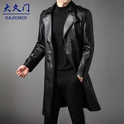 Abrigo Largo de Cuero para Hombre Otoño e Invierno Nuevo Terciopelo Doble Botonadura Business Casual Cinturón Abrigo de Cuero Cortavientos de Cuero Chaqueta de Hombre