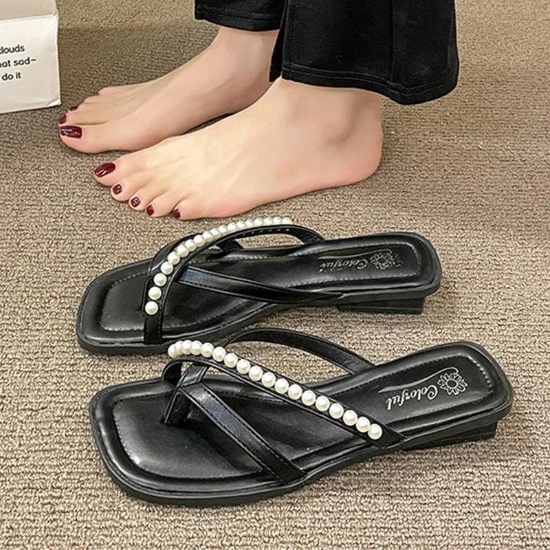 Fashion Pearl Flip Flops for Women Beaded Women Flats Clip Toe Slippers 2024 Summer New Square Toe Slides Cozy Zapatos De Mujer