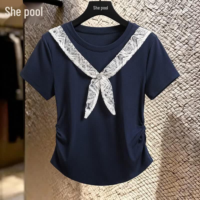 Women s French Elegant Pleated Waist Round Neck T-Shirt L темно-синий