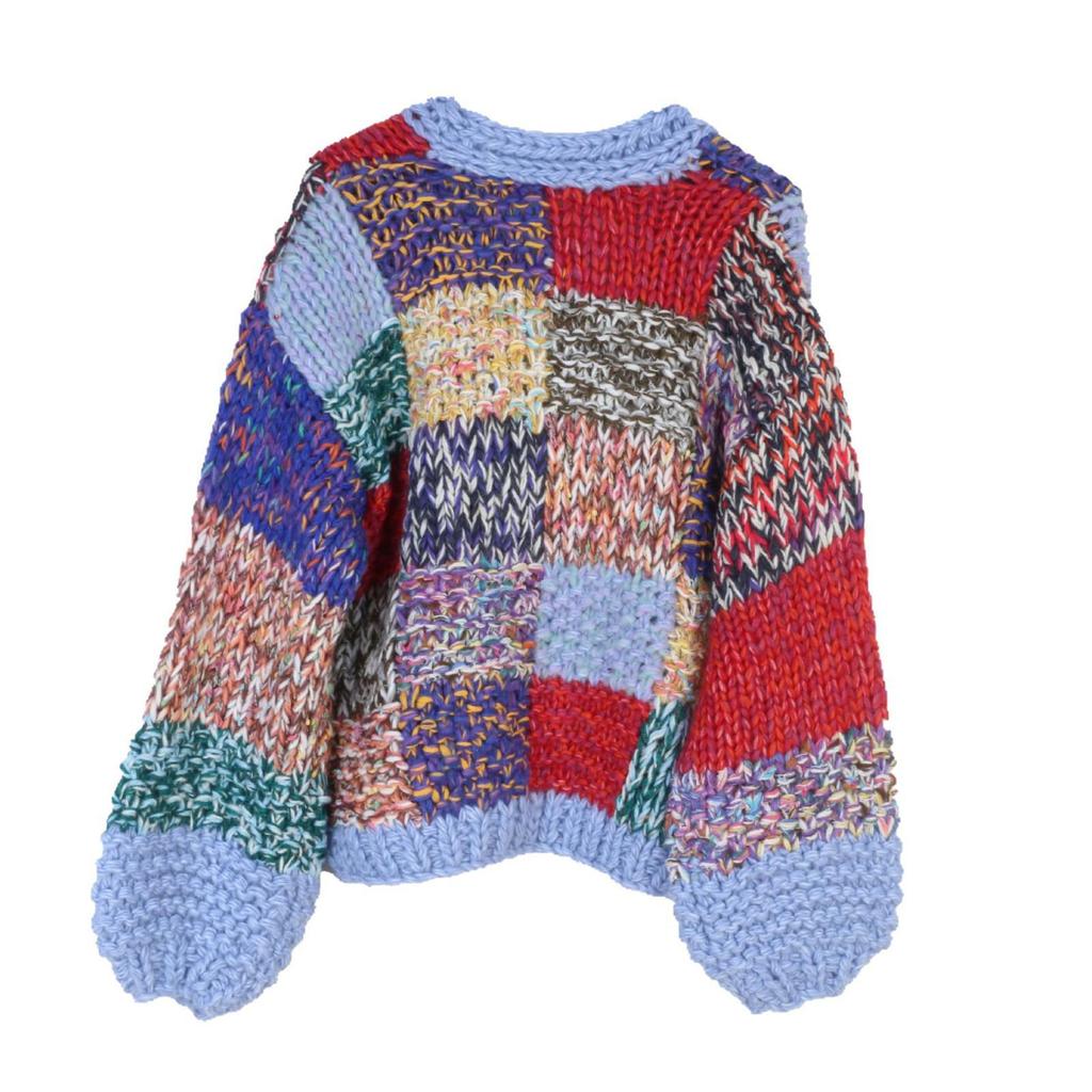 European and American Color Block V-Neck Loose Knit Sweater for Spring/Autumn