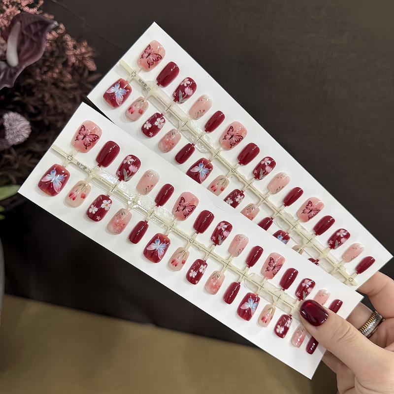 Red French Tip Press On Nails 30 PCS with Flower Prints Full Cover Fake Nails For Students and Office Use Easy Removable Nail Set