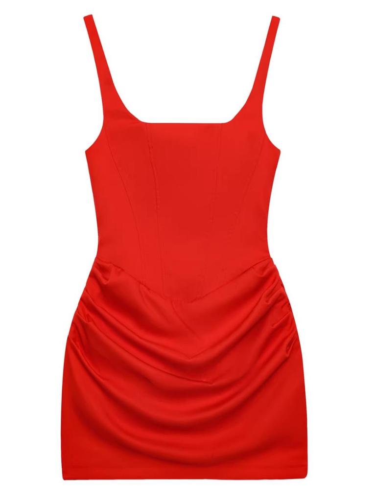 New Women's French Sexy Sleeveless Square Neck Lace-up Bodycon Midi Dress