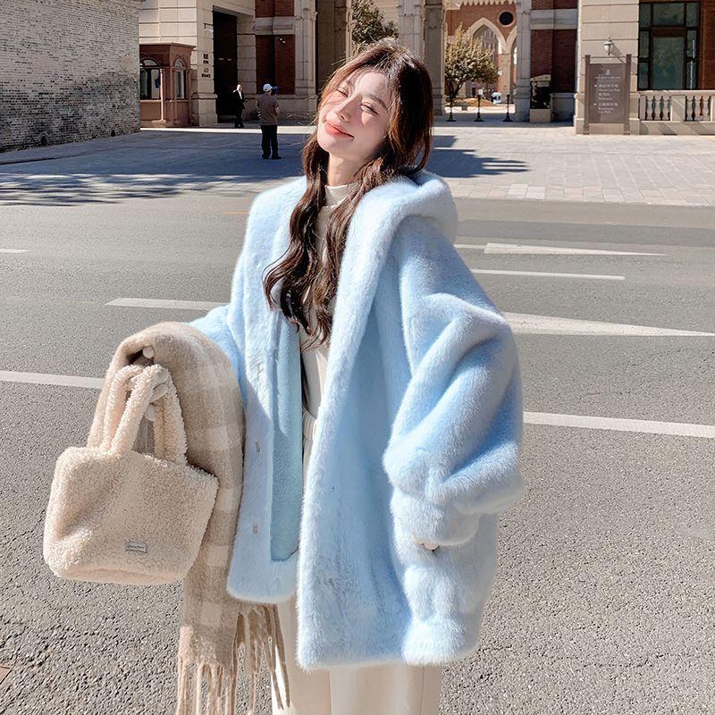 

Autumn and winter new blue hooded top women s coat fur fur coat loose warm thickened medium and long M