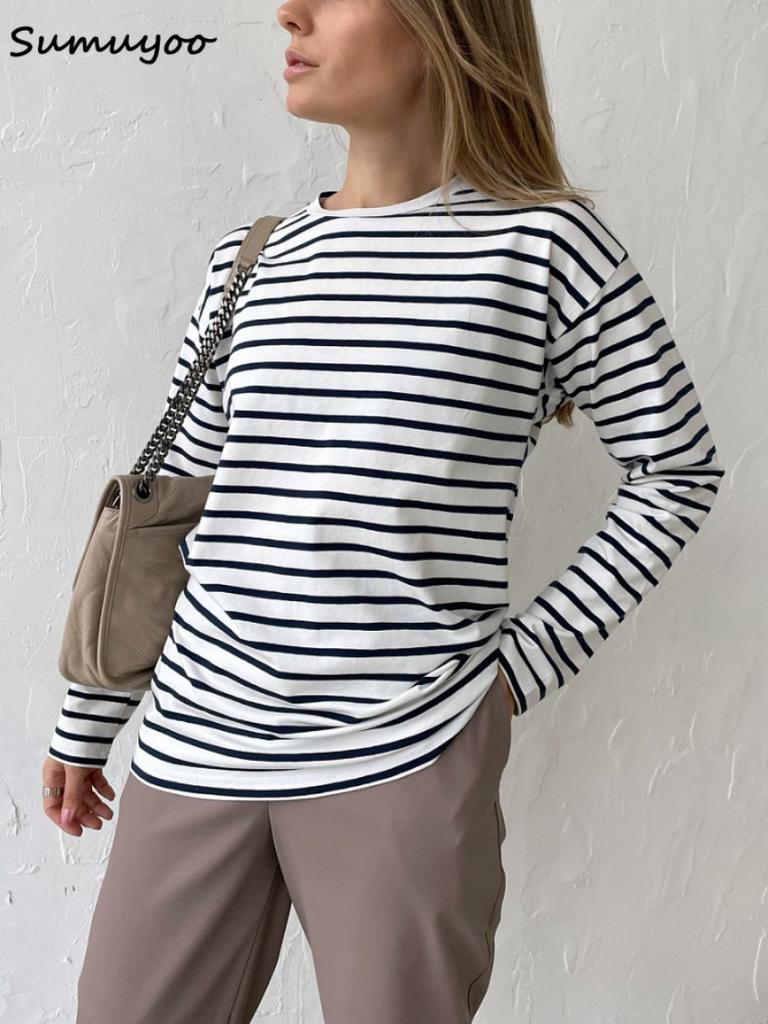 Sumuyoo 2024 Summer Long Sleeve Striped T-Shirts Women Basic Casual Tops Female Cozy Loose Cotton Tees Harajuku T Shirt New