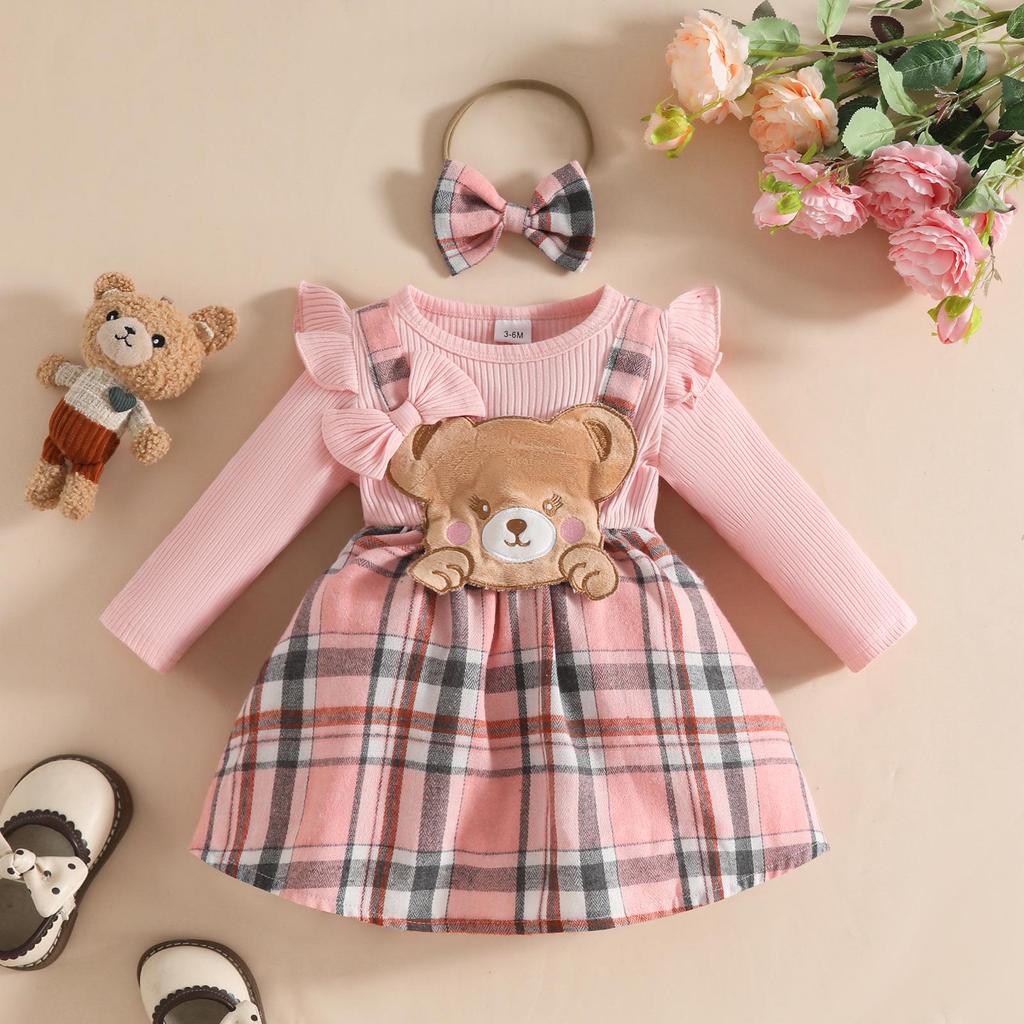Baby Girl Cartoon Bear Plaid Patchwork Jumpsuit with Fake Straps and Long Sleeves - Autumn/Winter Trendy Outfit
