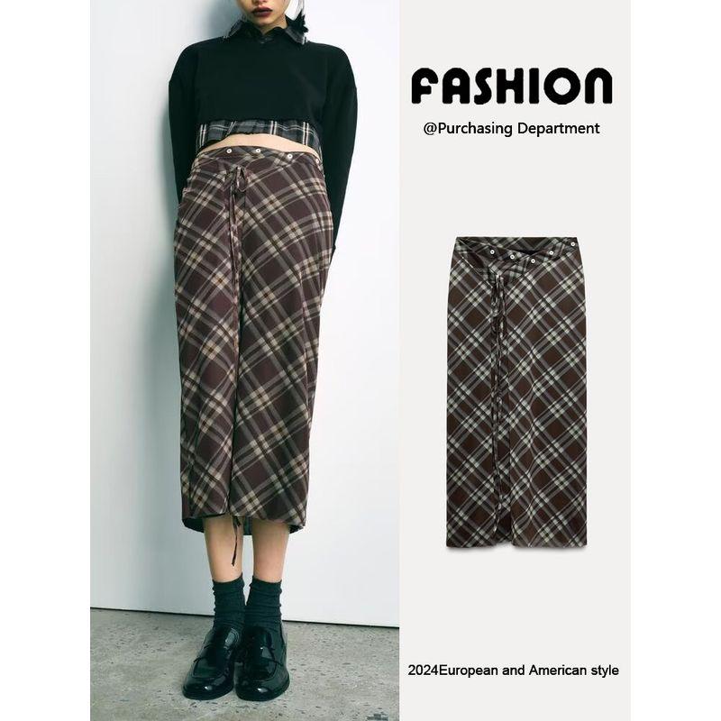 Za2025 Spring New Women's Clothing Versatile Lattice Silk Net Sarong Mid Waist Contrast Color Straight-leg Skirt 5039285