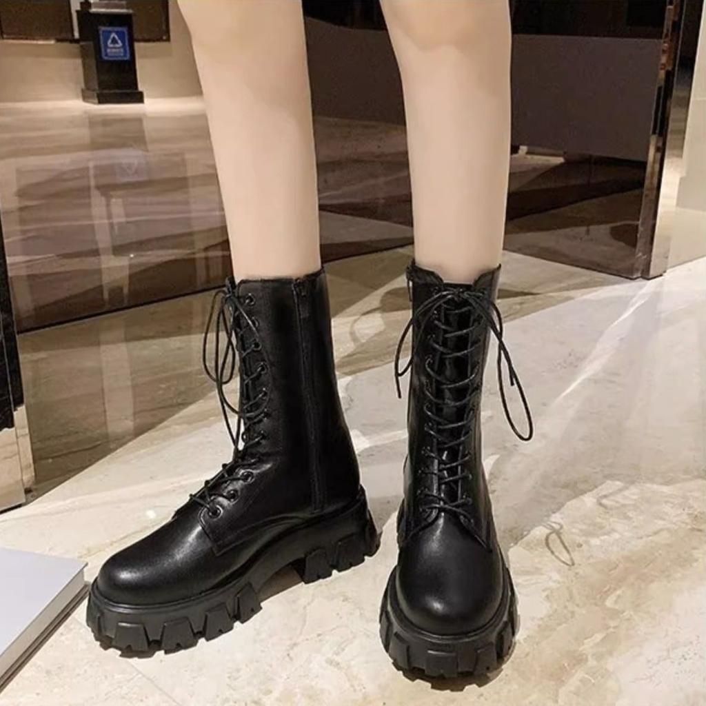 Height Increase Platform with Laces Leather Mid Calf Shoes Woman Spring Autumn New In Demi-season Hot Half High Boots for Women