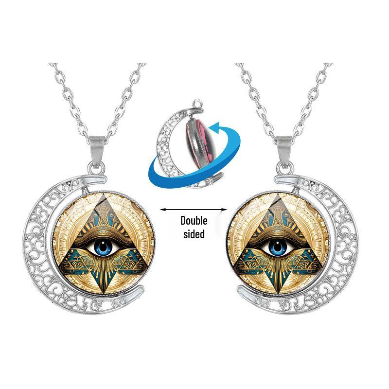 Ancient Egyptian Eye of Horus Rotating Moon Pendant Necklace - Women's Fashion Retro Sweater Chain Jewelry
