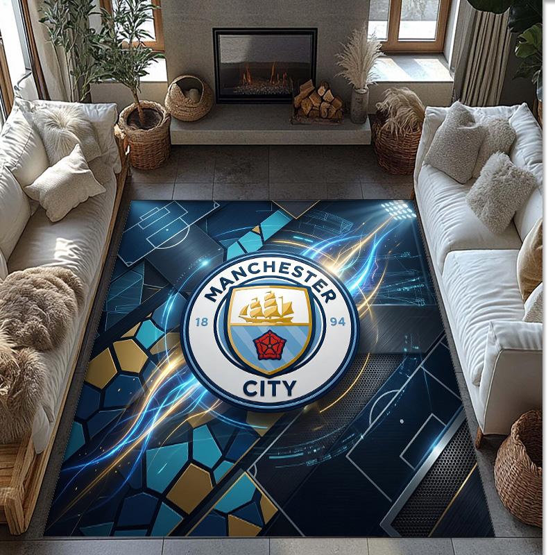 Manchester City Printed Flannel Area Rug Non Slip Soft Polyester Floor Carpet Indoor Decor Mat for Bedroom Living Room Sofa