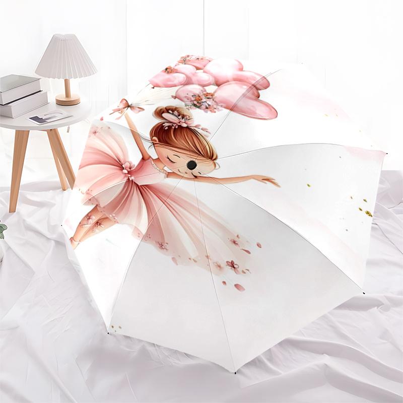 Pink Flower Balloon Ballet Girl Automatic Opening/Closing Umbrella - Portable Three-Fold Design with Iron Frame for Outdoor Use, Perfect Gif