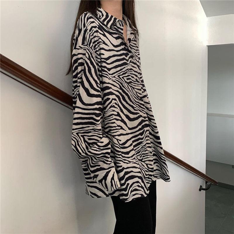 Retro Zebra Print Shirt for Women Baggy Blouse Streetwear Korean Style Black Long Sleeve Tops for Girl