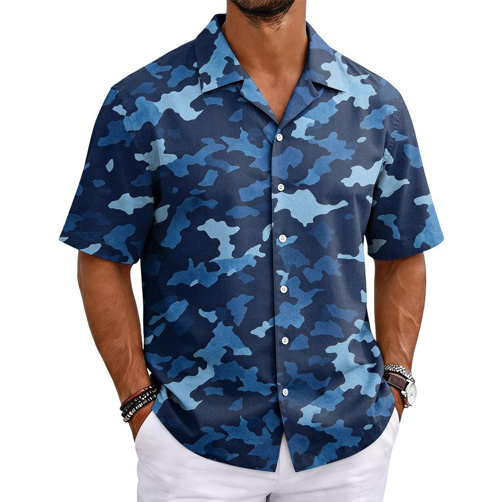 Men's Camouflage Short Sleeve Cuban Collar Shirt Lightweight Breathable Casual Button Down Shirt Summer Beachwear