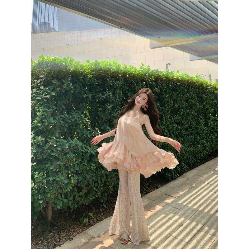 Kumikumi Pure Desire Style Set Flower Blooming Sling Women Summer Sexy Lace Casual Pants Two-piece Set