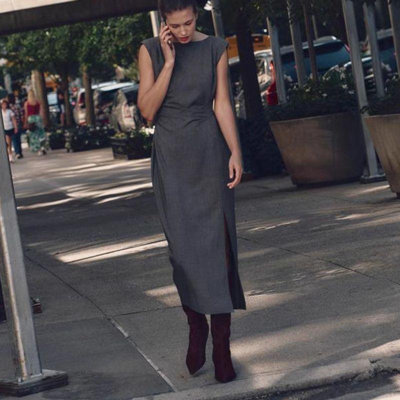 Fall and Winter New Waist Slim Looking Pleated round Neck Sleeveless Slit Hemline at Hem Midi Skirt Dress 6962231