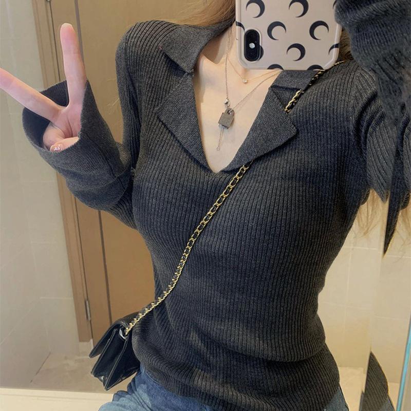 Polo collar slim-fit threaded knitted sweater women's autumn pure desire wind collar slim long-sleeved top bottoming shirt