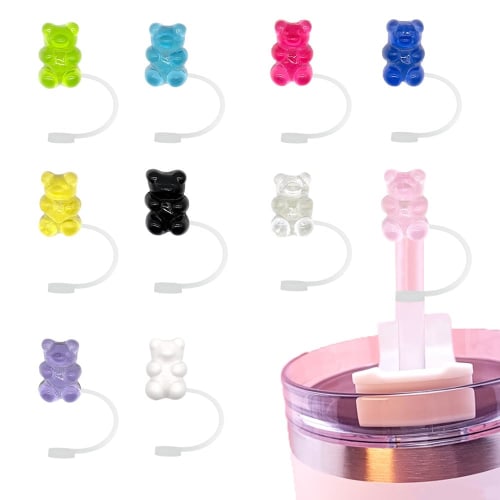 VOXILFE Cute Bear-Shaped Straw Caps, 10-Pack, 10 Colors, Dustproof, Reusable Silicone Straw Caps for Tumblers, Compatible with Stanley Cups