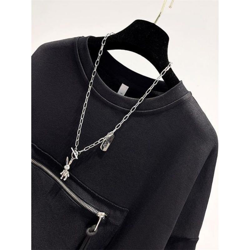 Autumn Round Neck Hoodies Women Loose Zipper Pocket Pullover Sweatshirts Long Sleeve Top