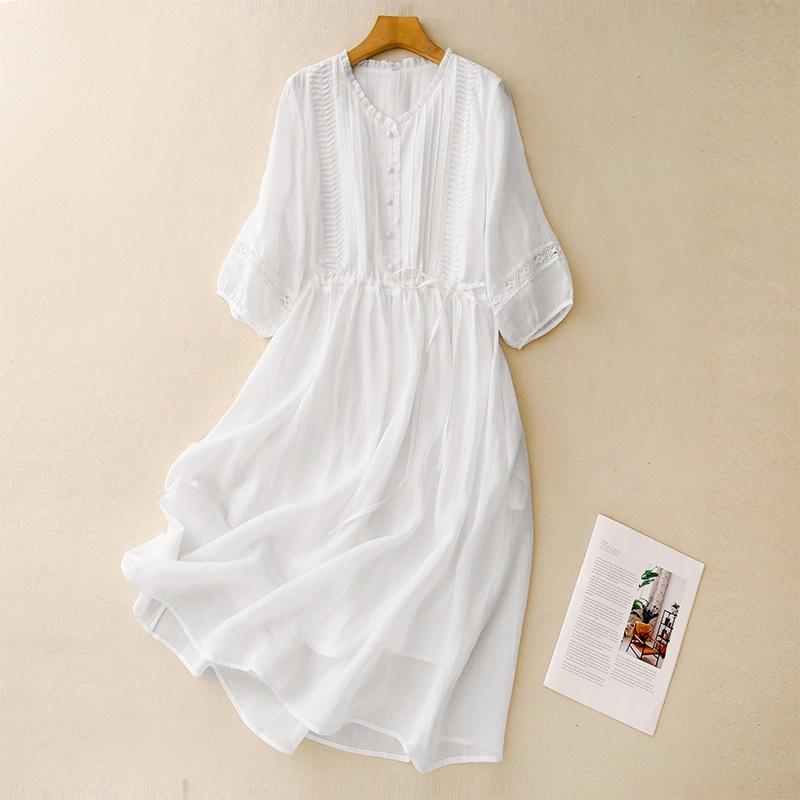 

Loose solid color cotton and linen big swing skirt women s summer new holiday style V-neck seven-quarter sleeve temperament dress 2XL