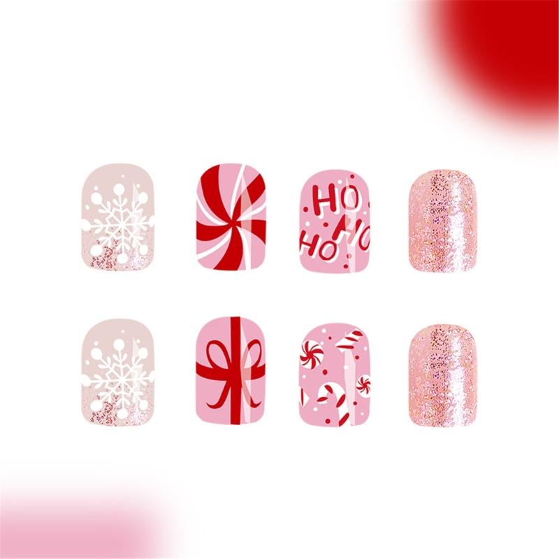 Holiday Festive Short Square Press On Nails Christmas Snowflake Sparkling False Nail French Tip 24Pcs Stick on Nail