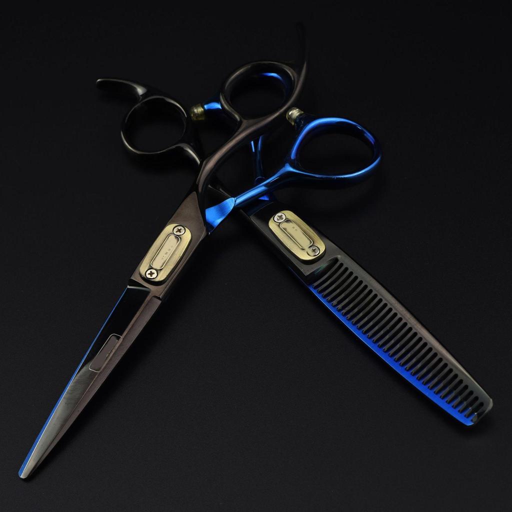 6.0-Inch FHS-11 Black Blue Hairdressing Scissors for Bangs and Barbering