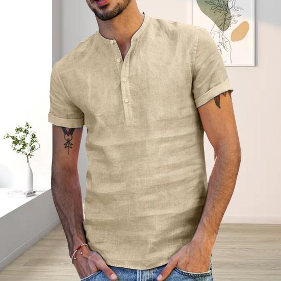 Camicia Estiva da Uomo Tinta Unita Collo Alto Bottoni Maniche Corte Sottile Abbigliamento Quotidiano Vestibilità Slim Scollo a V Top Estivo da Uomo Indumento da Uomo
