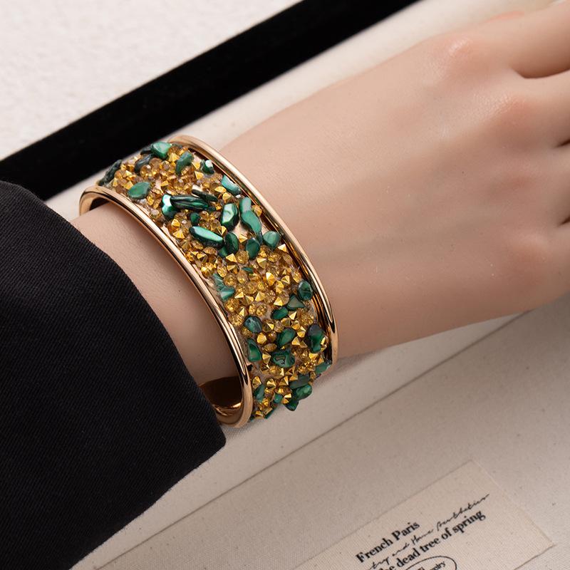 Colored gravel wide-sided open bracelet, flash diamond-encrusted bracelet, men's and women's personality trendy and cool hand jewelry