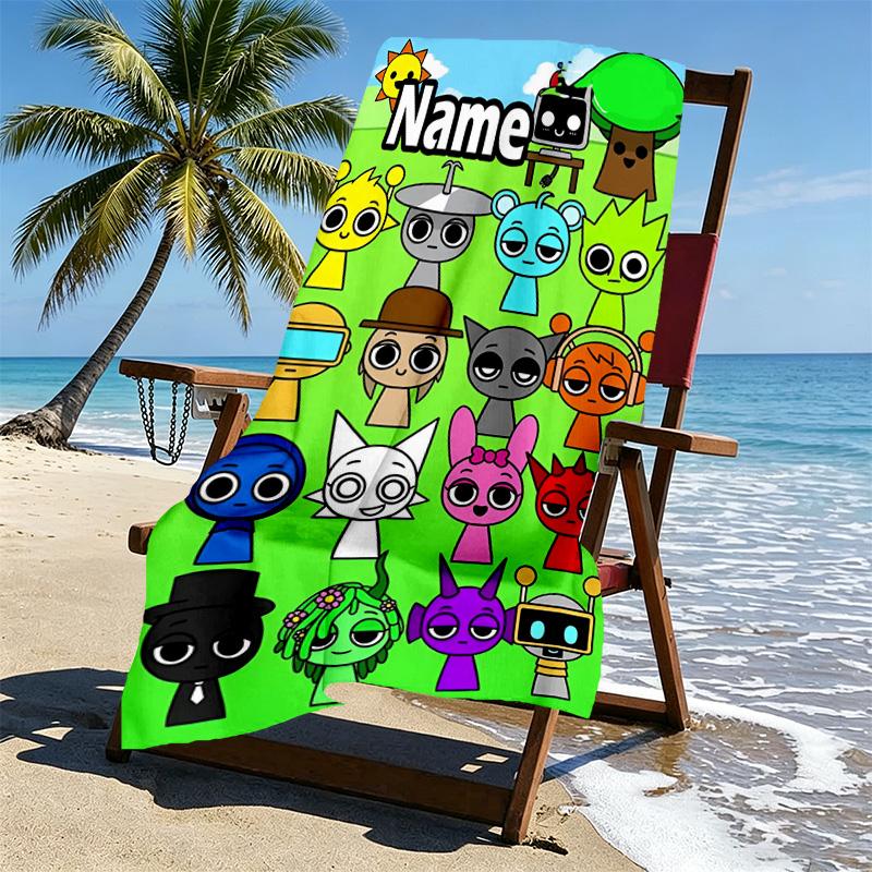 Custom Name Personalized Sprunki Game Print Beach Towel, for Trip Camping Beach Party Home Decor, Birthday Gift for Family & Friends