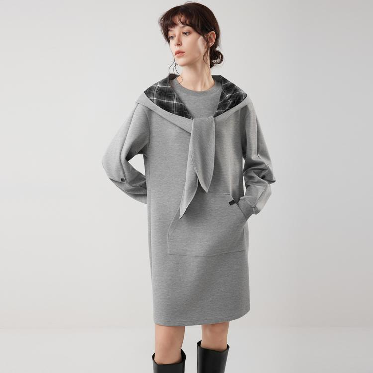 ELLE French Removable Plaid Fashion Design Hooded Casual Loose Sweatshirt Dress Women dresses EL53083