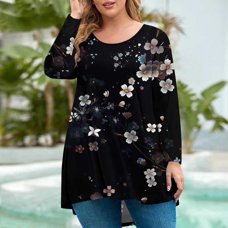 Moda pentru femei de marime mare, cu gât rotund, cu mâneci lungi, imprimeu lejer, cu pulover, tricouri pentru femei