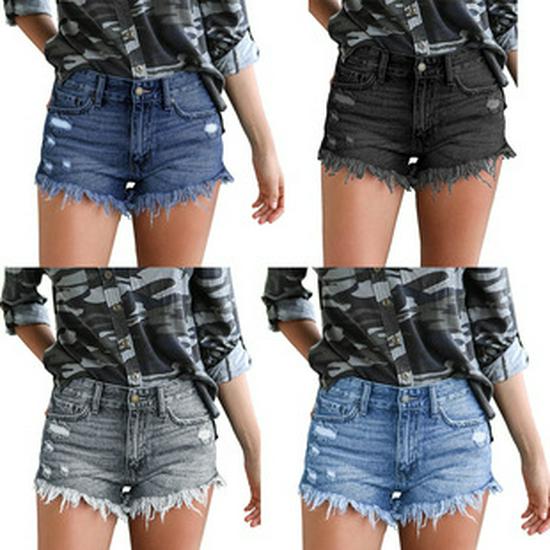 Colorful Ripped Fringe Hem Shorts In Stock