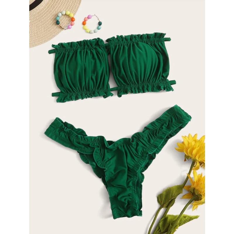 

Swim Summer Beach Ruched Lettuce Trim Bandeau Bikini Set S зелений